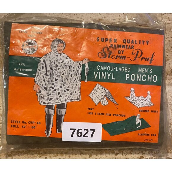 Vintage Storm-Pruf Mens Camouflaged Vinyl Poncho 52" x 80" NIB Waterproof - Picture 1 of 3